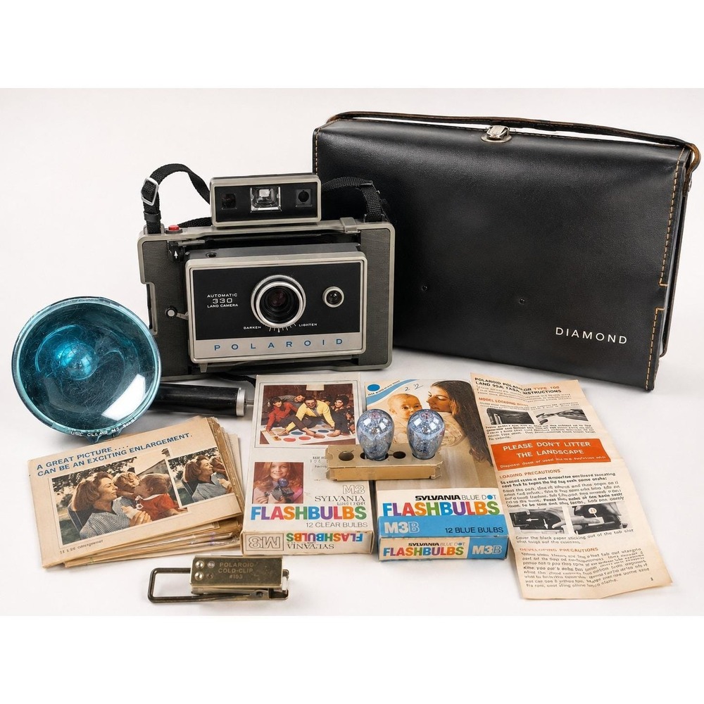 Polaroid Automatic 330 Land Camera Kit Case Flash Bulbs Accessories Vintage